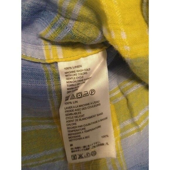 Tommy Bahama plaid 100% linen collared Button Down shirt Large blue & Yellow - Picture 8 of 9